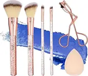 Expressions 6pc Makeup Brush w/Eyelash Curler and Makeup Sponge Beauty Blender | Premium Cosmetic Brushes for Contouring and Highlighting