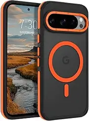 [DOMAVER] for Google Pixel 9/9 Pro Case Compatible with MagSafe Camera Lens Full Protection Wireless Charging Matte Translucent Shockproof Phone Case for Google Pixel 9/9 Pro, Black/Orange