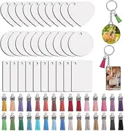 Veumoie Sublimation Key Ring Blanks Set with Heat Transfer MDF Blank 3 Shapes Tassels Pendant Jump Rings Key Ring with Chain Kit