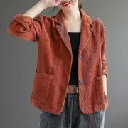 Vintage Women Corduroy Jacket Spring Autumn Coat Ladies Casual Outwears Female Long Sleeve Loose Single Breasted Blazers red M