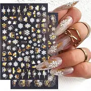 8 Sheets Gold Snowflake Nail Art Stickers 3D Christmas Nail Decals White Snowflakes Self-Adhesive Stickers Xmas Winter Bronzing Nail Designs Holiday Nail Stickers for Women Girls Nail Decorations