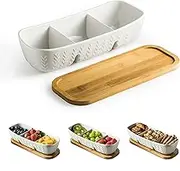 Miamolo Chip and Dip Serving Set with Acacia Wood Serving Tray, Majolica Salsa Turtles - Condiment Tray for Snacks, Appetizers, Charcuterie, Candy, Food, Divided Party Serving Trays