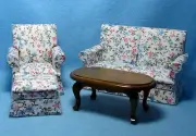 Dollhouse Miniature Living Room Set Couch, Chair, Ottoman & Table Floral ~ T6442