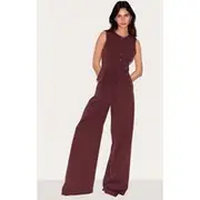 Wine Tailored Tie Detail Woven Wide Leg Pants, Wine