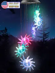 Sun Star Face Solar Wind Chime LED RGB Color Changing Garden Patio Hanging Light
