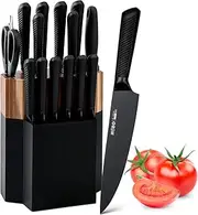 Kitchen Knife Set, 15 Pieces Knife Set with 6 Steak Knife, Knife Block Set with Sharpener, High Carbon German Stainless Steel Chef Knife with Wooden Block Bread Knife Boxed