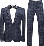 [Generic] Men's 3-Piece Plaid Pattern Suits One Button Checkered Suit Set Lightweight Plaid Suit for Men