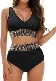 [Vemubapis] Womens High Waisted Bikini Set Tummy Control Color Block Bathing Suits Twist Front Two Piece Swimsuits