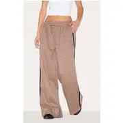 Brown Gingham Side Stripe Elasticated Waistband Straight Leg Pants, Brown