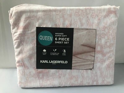 Karl Lagerfeld Paris Eiffel Tower Print 6-pc Queen Sheet Set White Pink Love NWT