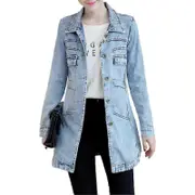 Rhafayre Turn-Down Collar Flap Pockets Denim Jacket Shrink Resistant Irregular Hem Long Women Coat Streetwear wathet 5XL