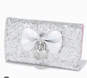 Claire’s Silver Pink Sparkling Glitter Heart Bow Wallet Locket Tri Fold