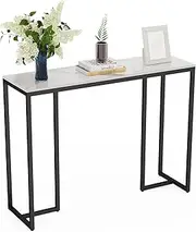 Slim Console Table Hallway Unit: White Marble Top Consoles Desk Long 100cm High Gloss Sintered Stone Marbles Effect and Black Legs Narrow Tall Modern Sofa Side Tables Sideboard Living Room