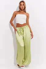 Green Pant High Elastic Waist Tie Front Wide Leg Satin - Size 14, Women's Wide Leg Pants