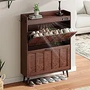 ChooChoo Shoe Storage Cabinet with 2 Flip Drawers, Deodorizing Shoe Organizer Storage for Entryway, Freestanding Hidden Slim Narrow Shoe Rack Cabinet, Walnut