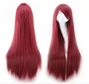 80cm Wine Red Long Straight Hair Side Bangs Full Hair Wigs Cosplay Beauty