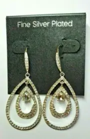 Silver Plated Special Occasion Earrings Cubic Zirconia's Double Teardrop #77