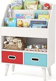 HONEY JOY Kids Bookshelf, Children Book Display Rack with 3-Tier Bookshelves, Open Compartment & 2 Fabric Drawers, Bookcase Toy Organiser for Playroom, Classroom & Nursery, for Toddlers 3+ Years Old