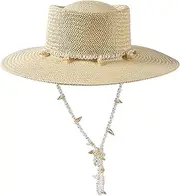 [Ｗoowayo] Straw Sun Hat for Women Fashion Beaded String 3.3inch Wide Brim UV Protections for Beach Vacation Summer Accessory