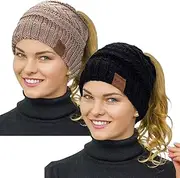 [Rosoz] 2 Pack Ponytail Beanie for Women,Winter Warm Beanie Tail Soft Stretch Cable Knit Messy High Bun Hat