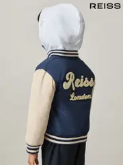 Reiss Airforce Blue/Off White Fred 9-13 yrs Logo Patch Hooded Varsity Jacket (AU4121) | $150