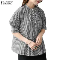 在飛比找蝦皮商城優惠-Zanzea 女式韓版日常圓領半袖格子印花襯衫