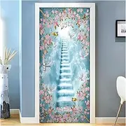 Door Stickers PVC Waterproof Self-Adhesive 3D Door Sticker Cloud Ladder Flowers and Birds Wallpaper Living Room Door Decor(95x215cm)