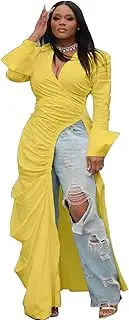 [RanRui] 2024 Women's Vneck high Side Split Cocktail & Wedding Guest Dresses Sexy Deep V Side Fit Slim Dress, Yellow, Medium