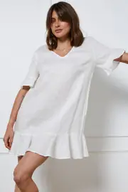 White Mini Dress Short Sleeve Linen - Size 10, Women's Fb Shift Dress