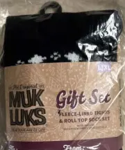 Muk Luks Fleece-Lined Gift Set Tights & Roll Top Sock Set Closed Toe L/XL Black