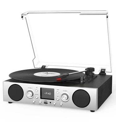 VinylsLink Record Player with Built-in Speakers, Belt-Driven Silver Black