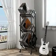 Simoretus 3 Tier Vinyl Record Storage Rack, Mobile Black Metal LP Storage Display Stand with Casters, Large Capacity Record Holder for Albums, Books, Magazines, and Office Files
