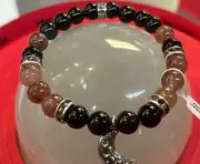 rainbow obsidian & Strawberry Quartz 8 Mm Rd Bracelet With Crescent Moon Charm