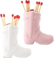 [ALSAM] Cowboy Boot Match Holder - Match Holder with Striker - Bathroom Match Holder - Ceramic Cowboy Boot Decor - Very Cute Addition for Interior Decor - Matches not Included (White-Pink)