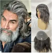 Mens Wig Hair Ultra Thin Skin Men Toupee 12Inch Long V-loop 8''x10'' Full PU Human Hair Replacement System Mens Toupee
