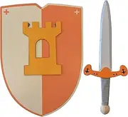 Knight Wooden Sword and Shield, Handmade - Toy for Kids, Boys and Girls - Compliment for Games, Imitation Games, Costume, Medieval Warrior, Theme Party (Orange, 30 cm)