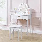 [UTEX] Kids Vanity, Girls' Vanity Set with Mirror, Stool and LED Lights, Pretend Play Kids' Vanity Table and Chair Set, Wooden Princess Makeup Desk Dressing Table, White