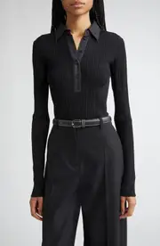 TOTEME Half Placket Long Sleeve Knit Polo in Black at Nordstrom, Size X-Small