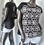NWT-SANCTUARY BLACK WHITE GRAY KALEIDOSCOPE SHEER CHIFFON BACK CAP SLEEVE TOP M