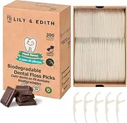 LILY & EDITH Biodegradable Dental Floss Picks Adults and Kids 300 Counts, Fluoride-Free, Plant Based Straw Wheat Material, Planet Protector, Zero Waste Package, Shred Resistant (Chocolate)