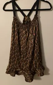 Nicole Miller Lift Off Leopard Print Silky Top Shirt With Ruffle Hem. Size Med.