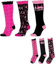 [WOKNOW] Breast Cancer Awareness Socks, 3 Pairs Pink Ribbon Socks for Women, Comfortable Knee-High Get Well Soon Gifts, Support the Cause, Pink, 14