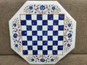 White Marble Chess Set Top, Lapis Lazuli Stone Chess Top, Game Board Decor
