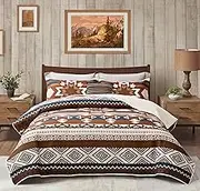 Southwestern Quilt Set Western Tribal Rustic Aztec Native American Navajo Bedding Set Bedspread 3 Piece Beige Taupe Brown Blue Bedding Comforter Sets, Queen Size (90" x 96", 1 Quilt + 2 Pillow Shams)