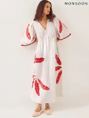 Monsoon White Cerse Leaf Print Maxi 100% Cotton Dress (W27489) | $208