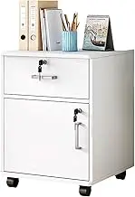 GRIPITHPY File Cabinet with Lock,Office Storage Cabinet with Storage Drawer,Rolling File Cabinet with 1 Drawer with Side Cabinet，Printer Stand for Home,Office(D14.5*W13.4*H23.2, White)