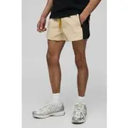 Mens Ecru Elasticated Waist Crinkle Nylon Embroidery Fighter Shorts