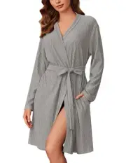 Robes for Women Short Knit Bathrobe Lightweight Kimono Robe Knee Length Loung...