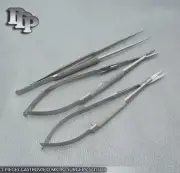 3 CASTROVIEJO MICRO SURGERY Cvd SCISSORS+NEEDLE HOLDER+ Str SUTURE TYING FORCEPS