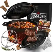 Gusskönig Dutch Oven - 2-in-1 Cast Iron Pot 4.8L & Cast Pan 1.8L - Black, Round, Burnt Finish, Oven Safe, Dishwasher Not Safe, 7kg, Includes Cookbook & Accessories for BBQ, Camping & Kitchen